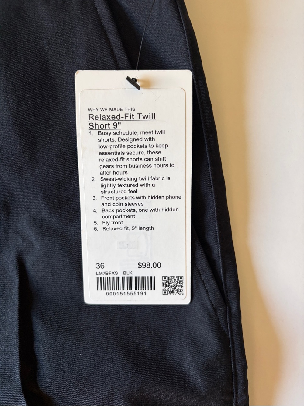 New Lululemon black relaxed fit twill shorts men size 36 9” inseam golf athletic - Picture 2 of 5